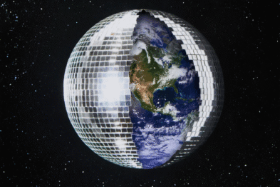 Earth, as seen from space, merged with a disco ball